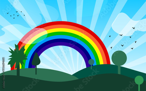  A colorful rainbow arching over a green, hilly landscape with stylized trees and birds in the sky. It features a vibrant, multi-colored arc against a light blue sky with faint clouds.