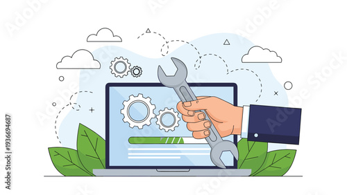 Giant hand holding wrench over laptop screen showing gears and loading bar representing technical support, software repair, and maintenance.