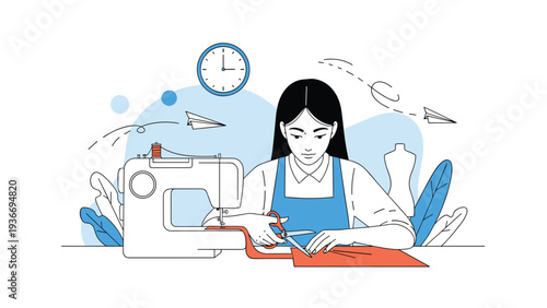 Female tailor working at sewing machine and cutting fabric in her studio representing craftsmanship, fashion design, and small business.