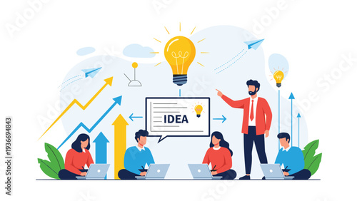 Team of creative professionals working on laptops around giant light bulb symbolizing collective brainstorming, innovation, and fresh ideas.