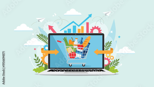 Online grocery shopping concept with laptop screen featuring cart full of food products against background of growth charts and arrows.