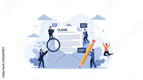 Tiny people inspecting a clear document with magnifying glass and pencil representing auditing, editing, and verifying information in mail.