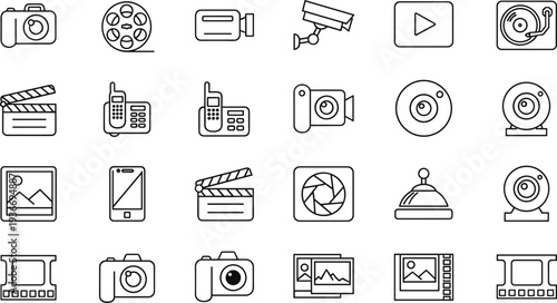 Photography and videography outline icon set with camera film reel camcorder surveillance media production line symbols collection pack