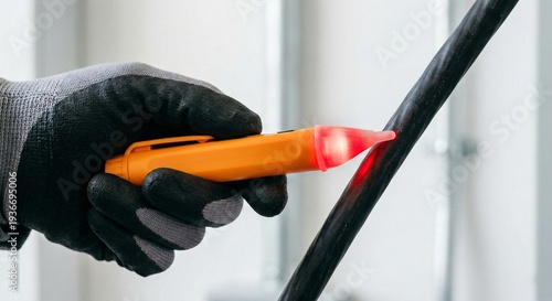 A hand wearing a work glove holds an orange non-contact voltage tester that checks a thick black electrical cable, with a red light indicator.