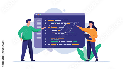 Male and female software developers discussing and pointing at code on large screen representing teamwork in programming and development.