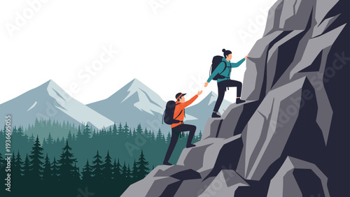 Two hikers helping each other climb a steep mountain peak with forest and snowy mountains in the background representing team support.