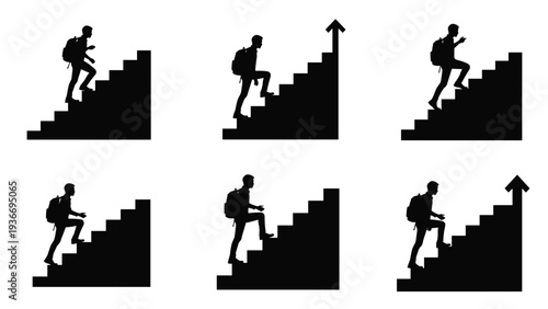Sequence of six silhouettes showing man with backpack climbing stairs with upward arrow indicating career growth and personal progress.