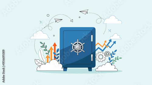 Large blue metal safe surrounded by abstract gears, arrows, and clouds symbolizing financial security, asset protection, and safety.