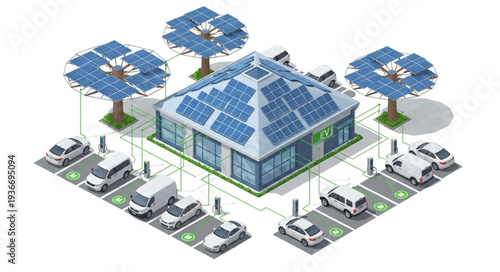 Modern building with solar panels and electric cars charging.
