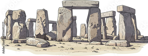 Stonehenge monument with large stones on white background ancient rocks