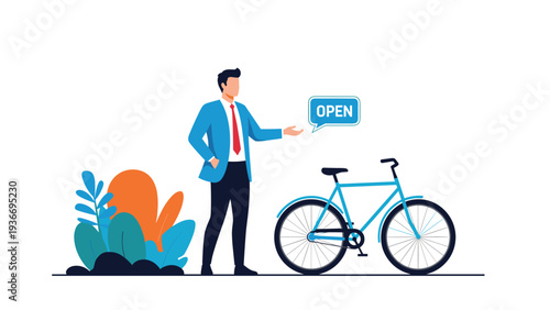Businessman standing next to blue bicycle with open sign bubble representing healthy lifestyle, eco-friendly commuting, and bike services.