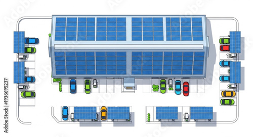 Aerial view of a large building with solar panels on the roof and surrounding parking lot.
