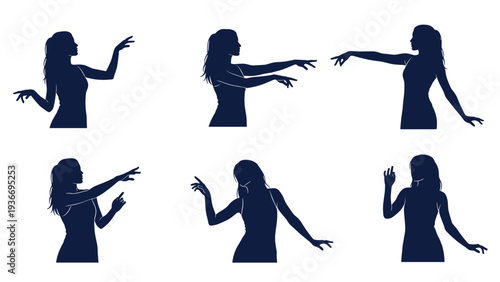 Set of six woman silhouettes in different pointing and gesturing poses ideal for user interface and technology concept designs.