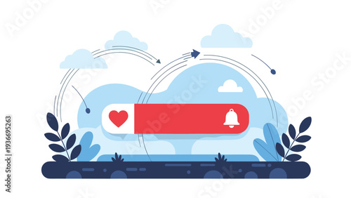 Subscription and notification banner with heart and bell icons on a creative background of clouds and organic botanical elements.