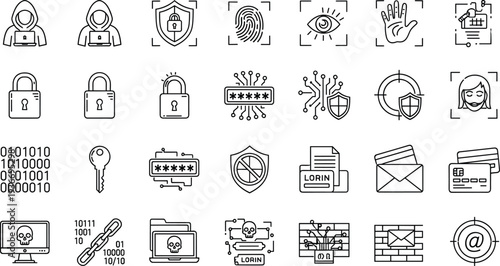 Cybersecurity and data protection line icon set with hacker, fingerprint scan, password, firewall, encryption, malware, and digital security vector illustration collection
