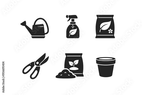 Gardening tools and supplies black icons for planting and care