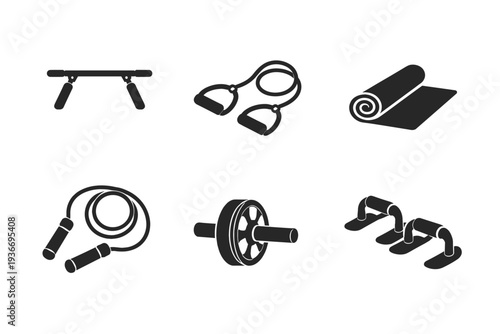 Collection of six black fitness equipment icons on a white background for home workouts