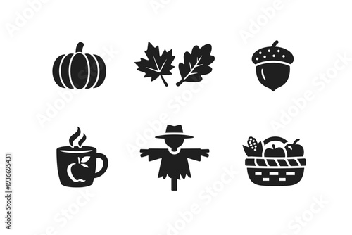 Autumn icons including pumpkin, leaves, acorn, and scarecrow in black silhouette