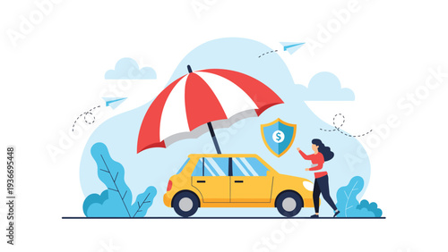 Car insurance concept illustration showing a large umbrella protecting a vehicle with a money shield and a helpful professional.