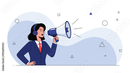 Confident business woman announcing a message through a megaphone set against a minimalist background with geometric shapes.