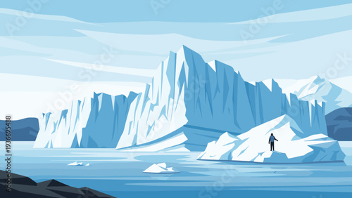 Pixel art scenery of a lone explorer standing on ice in front of giant melting icebergs under a pale blue arctic sky.