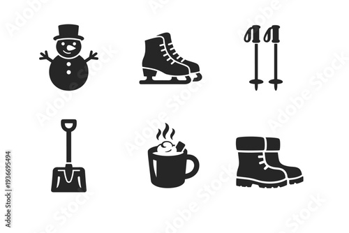 Collection of winter activity and cozy season icons including snowman, ice skates, and hot drink
