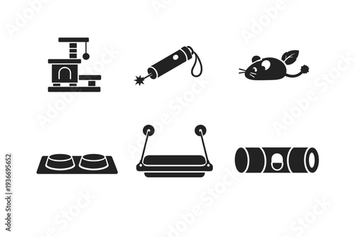 Collection of black silhouette icons representing various cat toys and accessories for home entertainment
