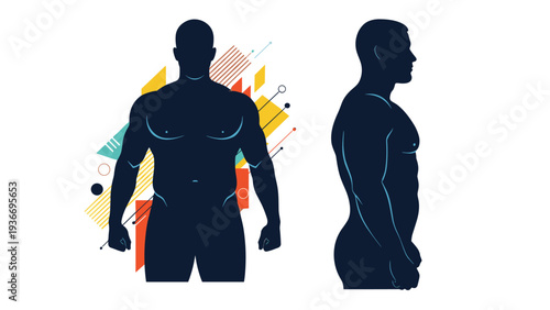 Front and side view silhouettes of a muscular male torso highlighting a fit physique against an abstract geometric background.