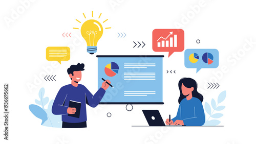 Creative business team brainstorming ideas and analyzing data with a presentation board and a laptop in a modern office.