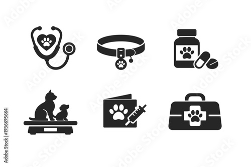 Veterinary care icons collection with stethoscope, collar, medicine, and pets on scale