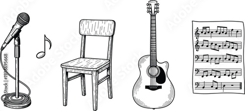 Hand drawn acoustic music set with microphone chair guitar musical note and sheet music vintage sketch illustration isolated