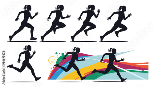 Motion sequence of a female runner silhouette showing the mechanics of a running stride ending in a burst of colors.