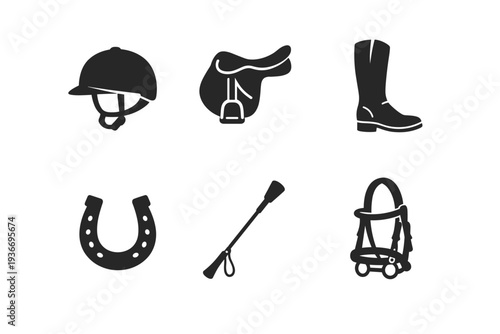 Collection of equestrian equipment icons including helmet, saddle, boot, horseshoe, whip, and bridle