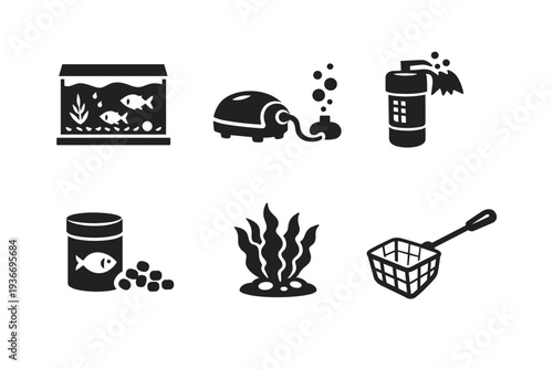Collection of aquarium equipment icons including fish tank, air pump, and food