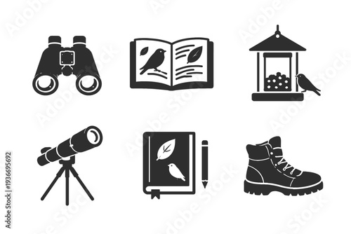Set of icons for bird watching and nature exploration activities