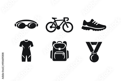 Collection of icons representing triathlon sports equipment and achievement