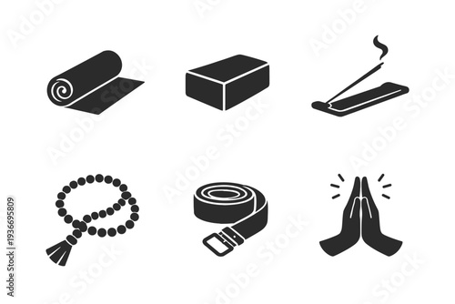 Collection of yoga and meditation icons including a rolled mat, block, incense, mala beads, strap, and prayer hands