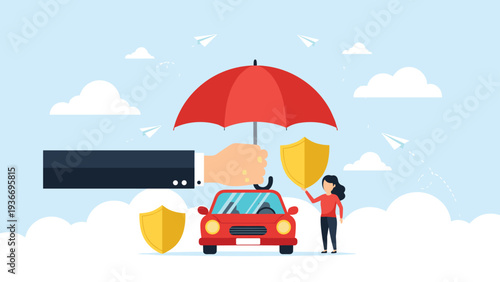 Comprehensive car insurance protection featuring a large hand with an umbrella and a woman providing security with a shield.