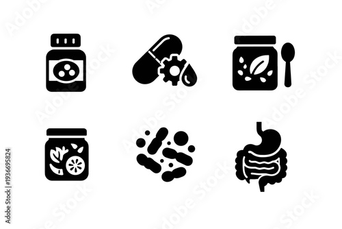 Set of icons representing probiotics, supplements, and digestive health concepts