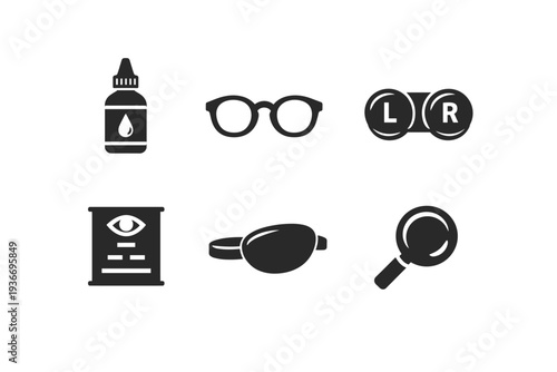 Collection of eye care and vision correction icons including glasses, drops, and eye chart