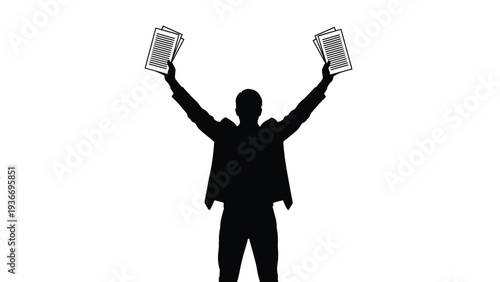 Successful business man silhouette holding up legal documents in a victory gesture on a clean white background.