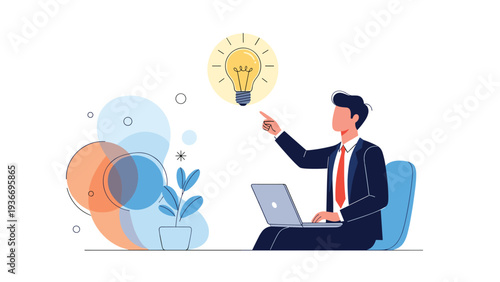 Innovation and bright idea concept featuring a businessman at a laptop pointing to a large glowing light bulb.