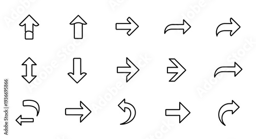 Set of simple outline directional arrow icons, featuring straight, curved, and U-turn symbols for navigation on an isolated white background.