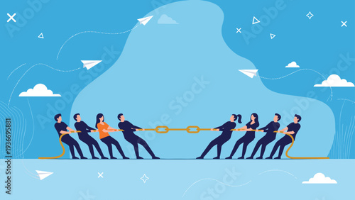 Teamwork and competition concept showing two groups of people in a tug-of-war battle over a golden chain.