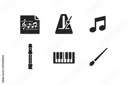 Musical icons representing instruments, notes, and notation