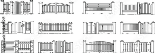 Various wooden and metal gates and fences with posts and pillars wooden fence metal fence