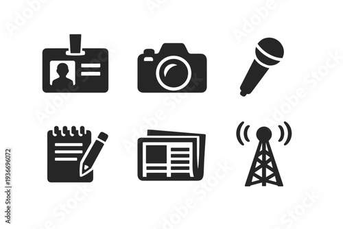 Set of six journalistic icons including camera, microphone, and news broadcast tower