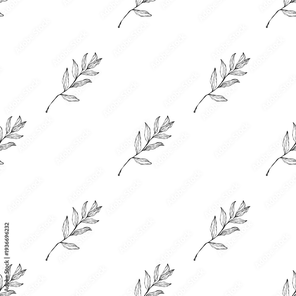 Obraz premium Minimalist botanical seamless pattern with hand drawn leaves branches, black line floral background