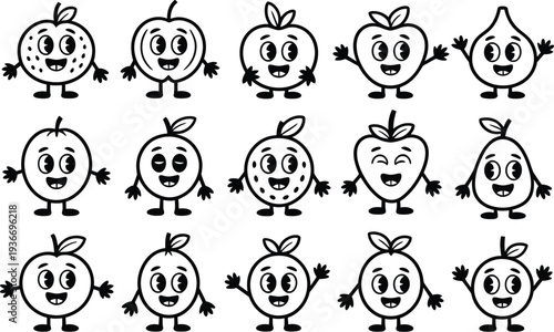 Apple cartoon characters in a variety of happy poses and expressions