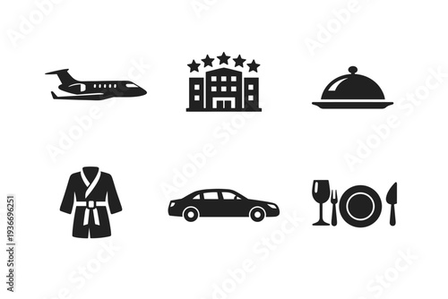 Luxury travel and hospitality icons including private jet, hotel, dining, car, and robe